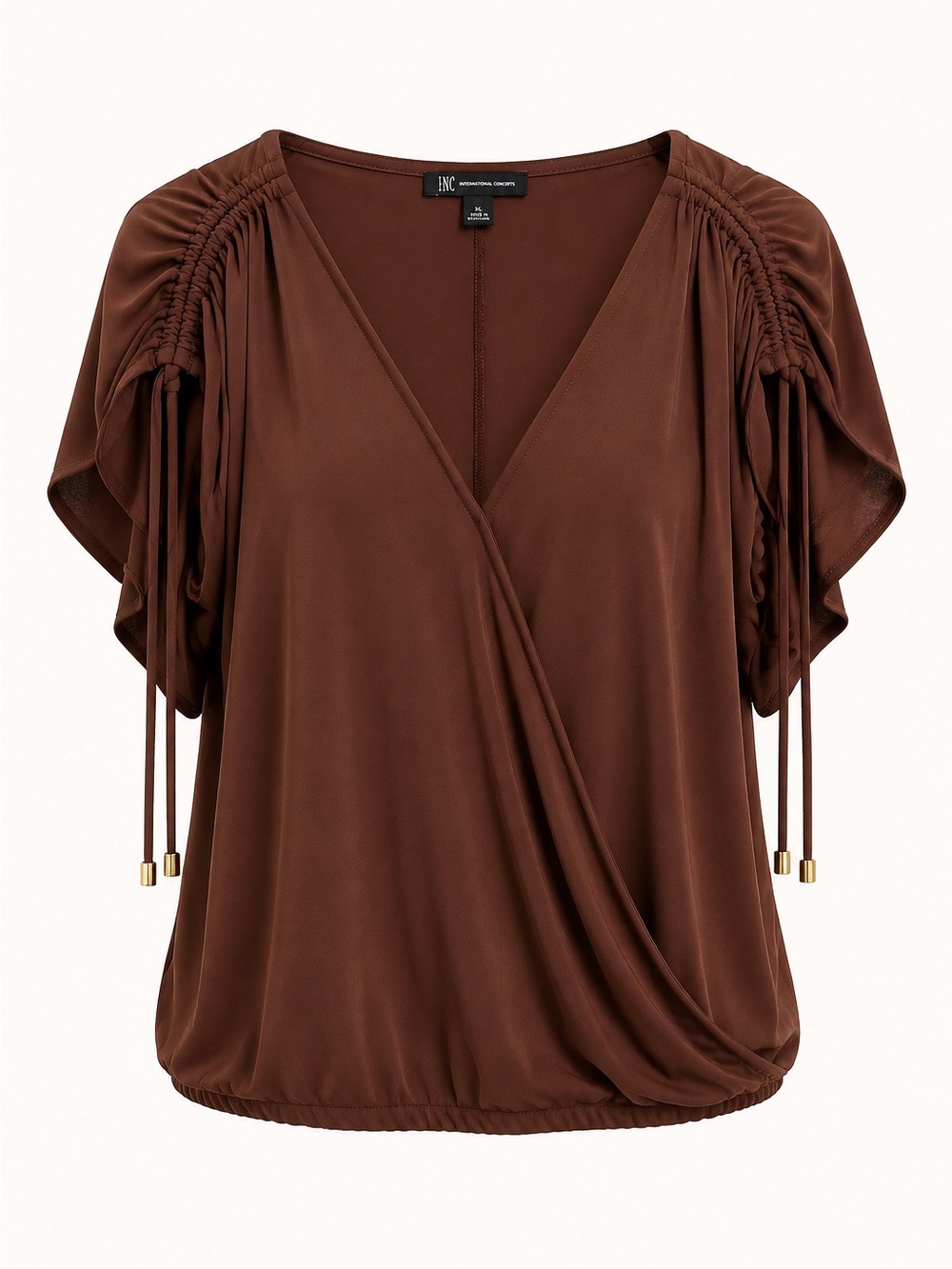 Title: INC International Concepts XL Brown Ruched Shoulder Wrap Blouse